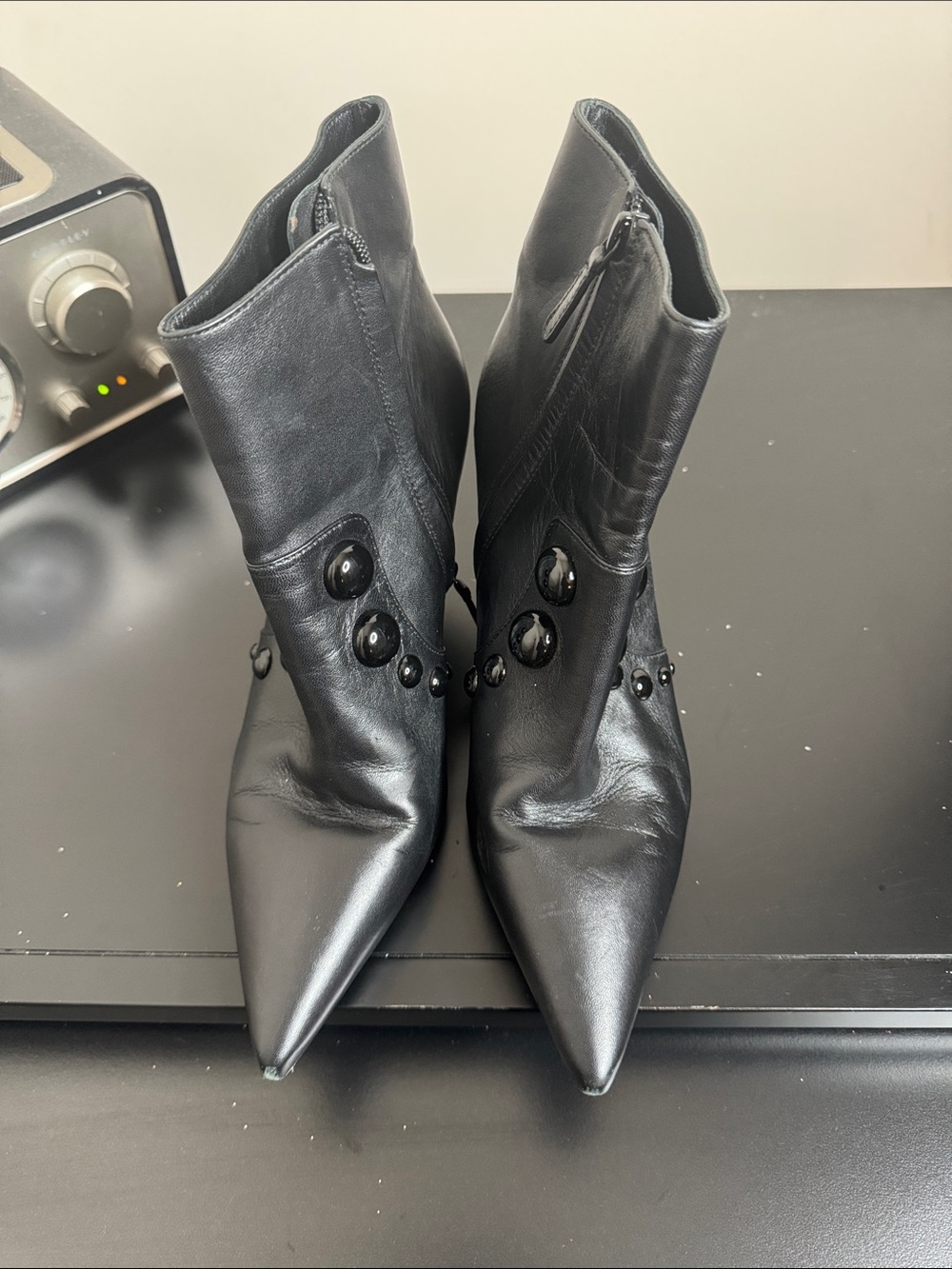 TORY BURCH Black Pointed-Toe Ankle Boots with Decorative Studs 9M